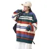 2026 Suéter Pulóver de Cuello Redondo Estilo Hong Kong Otoño para Hombre Tejido de Punto con Bloques de Color Rayas Tie-Dye con Etiqueta Chaqueta Verde Negro