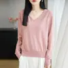 Suéter de Punto de Algodón Puro con Cuello en V de Manga Larga para Mujer, Color Sólido, Holgado, Jersey Base