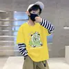 Camada de Base Infantil Masculina Estampa de Desenho Animado Algodão Puro Fina Camiseta Estilo Coreano Listrada Elegante Gola Redonda Manga Longa