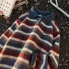 Suéter de Punto Polar con Cuello Polo a Rayas Estilo Japonés para Hombres y Mujeres, Suéter de Manga Larga de Invierno Resistente con Bloques de Color Atmosféricos Tendencia