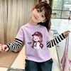 Camiseta Infantil de Outono Desenho Animado Falsa Dupla Peça Manga Longa Algodão Puro Patchwork de Listras Mangas Gola Redonda Versátil Camada Base