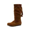 Botas Largas Huecas para Mujer 2026 Verano Delgadas Transpirables Bohemias con Borlas Trenzadas en Color Caqui