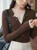 Cuello tipo Henry suave Tencel lana sentido del diseño falso dos piezas camiseta base top mujer otoño ropa interior camiseta de manga larga ajustada