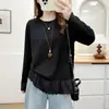Especial Nueva Colección Otoño Talla Grande Camiseta Casual Versátil de Manga Larga para Mujer con Adorno de Encaje en el Dobladillo 0882