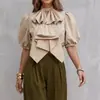 Top de gravata borboleta com novo design transfronteiriço europeu e americano 2026, gola alta, camisa casual curta de cor sólida com manga sino para mulheres