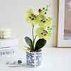 Flor Artificial 6 Flores 2 Orquídeas Phalaenopsis Realistas Bonsai Flor Falsa Planta em Vaso Decoração de Interior Vaso Verde Venda por Atacado
