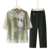Mães de meia-idade e idosas verão terno de duas peças camisa de chiffon de manga média camisa idosa estampada cardigã feminino de meia-idade seção fina