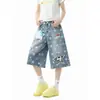 Shorts jeans da moda com patches de estrelas por toda parte, design de marca de moda de verão unissex, calças largas folgadas