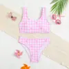 Traje de baño para niña de Amazon 2027 Estilo Nuevo Lazo Rosa Cuadros Crop Top Estampado Dos Piezas Traje de baño para niños grandes Niña