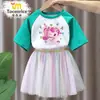Adorable y Lindo Conjunto de Vestido de Malla de Manga Corta con Estampado para Niñas, Camiseta y Falda Corta para Verano 7