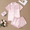 Pijama Feminino Novo de Verão com Listras Damasco Cardigã de Lapela Manga Curta Shorts com Folhas de Lótus Conjunto para Casa Pode Ser Usado Fora