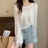 Blusa de Primavera 2023 Suéter de Cuello Redondo Manga Larga Corto Fino Microtransparente Calado Holgado con Cordón Suéter Protector Solar para Mujer