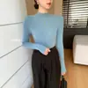Blusa feminina de gola semi-alta, manga longa, malha sem costura, pulôver para primavera e outono, casual, versátil, básica, confortável e estilosa