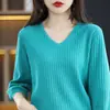 Top de tricô de algodão puro de manga curta para mulher com decote V solto plus size canelado, camiseta versátil