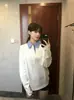 Corea del Sur Azul Claro Miu Cuadros Puntadas Cuello Polo Loka Anti-Arrugas Air Layer Camiseta de Manga Larga Cleanfit Algodón