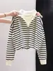 Suéter de punto a rayas retro de dos piezas simuladas de manga larga para mujer, nueva sudadera chaqueta de otoño estilo coreano holgada ajustada A753
