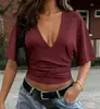 2025 Nuevo Top Corto de Manga Corta con Cuello en V Estilo Europeo y Americano para Mujer, Color Sólido, Corte Ajustado, Favorecedor, Estilo Chica Caliente