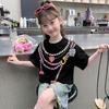 Camiseta de manga curta para meninas, novo estilo de verão, top infantil estampado coreano para crianças de médio e grande porte, camiseta de manga curta para meninas de verão