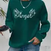 Sudadera con Estampado de Letras de Ángel, Sudadera Casual de Ante con Cuello Redondo para Otoño e Invierno, Ropa para Mujer