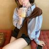 Camisa Listrada de Manga Longa com Gola Polo Estilo Coreano Novo Estilo Preguiçoso para Mulheres, Primavera e Outono Casual Solta Emagrecedora Versátil