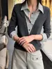Han Xun, roupa de trabalho inteligente e estilosa: patchwork listrado, gola de camisa falsa de duas peças, top emagrecedor para mulheres, coleção outono/inverno 2026, estilo 27611