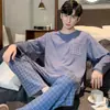 Pijama masculina transfronteiriça primavera e outono xadrez cor sólida variedade de tamanho plus juventude roupa de casa terno manga longa uma geração de cabelo