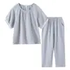 Conjunto de Pijama Feminino de Algodão Puro Cor Sólida Renda Crepe Manga Curta Calça Longa Estilo Pulôver Solto Roupa de Dormir Primavera Verão Outono