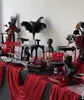 Montagem de Mesa de Sobremesas Evento Exibição de Mesa de Sobremesas Suporte de Exibição Noivado Aniversário Inauguração Celebração Preto e Vermelho Mesa de Celebração Dia dos Namorados