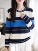 Nueva colección otoño e invierno 2026: Suéter de lana de punto fino con cuello redondo, manga larga, bloques de color para mujer, calado, top base de ajuste holgado