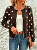 Cardigã de tricô com poá estilo francês para mulheres, outono e inverno, gola redonda, acabamento franzido, abotoamento simples, casaco suéter casual solto