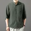 Camisa de Verano Fina de Algodón y Lino de Siete Puntos de Manga Corta para Hombre Holgada Casual de Cinco Puntos Media Manga Cuello Vertical Forro Top de Moda Ropa