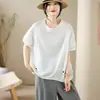 Foto Real de la Nueva Camiseta de Verano Estilo Redondo Suelta Color Sólido Patchwork Talla Grande con Dobladillo de Cordón para Mujer