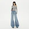 Calça Jeans Feminina Wide Leg Solta de Cintura Baixa Estilo Retrô Americano com Efeito Drapeado, Versátil Estilo Ins Outono/Inverno Novo Modelo