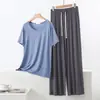Conjunto de Dos Piezas de Pantalones Anchos de Manga Corta Sueltos de Modal para Verano Ropa de Casa Talla Grande Casual Cuello Redondo Delgado