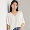Top de punto de seda de morera 100% con cuello en V y manga corta, camiseta de manga corta, suéter de capa base, camisa de punto elegante tipo murciélago para mujer, seda
