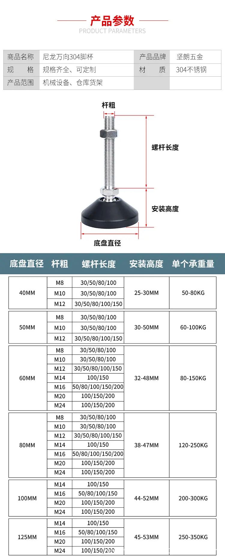 304不锈钢调节脚支撑脚