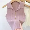 Colete de Malha Gola Polo Fino Slim-Fit Sem Mangas para Mulheres, Primavera, Verão e Outono, Tecido Ice Silk