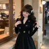 Vestido de Manga Larga con Cuello en V y Pedrería Hot-Fix Francés para Mujer Otoño Nuevo Estilo Elegante Adelgazante Falda Larga