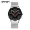 Reloj de cuarzo Sanda New 1110 de malla de cuero con volante para hombre, moderno y elegante.