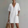 Popular no comércio exterior europeu e americano, Vestido casual feminino Shopee Amazon com decote V, estilo bolso, para férias, caimento solto, manga curta