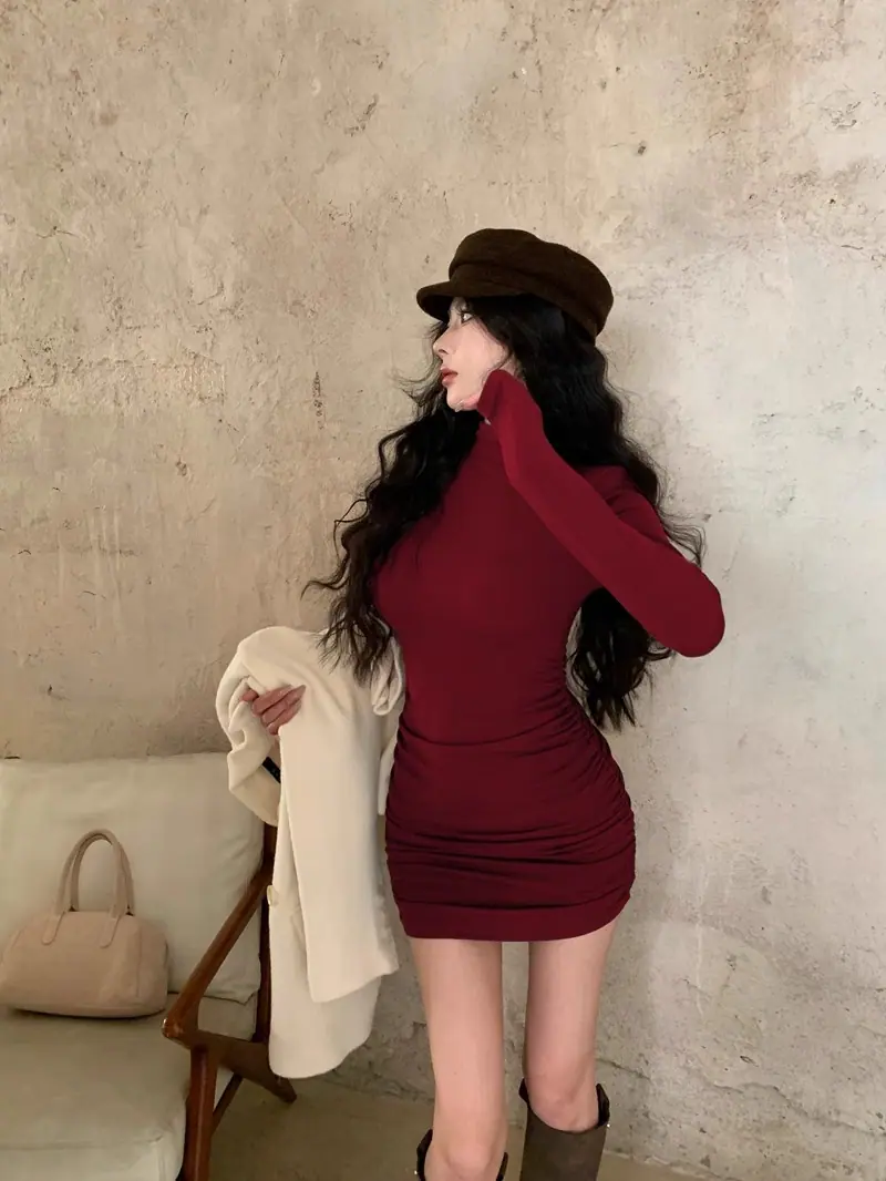 商品详情图_2024新款半高领打底长袖连衣裙女秋冬修身包臀性