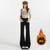 Calça Jeans Slair Preta Feminina Forrada com Lã Espessada Inverno Novo Cintura Alta Solta Elástica Slim Fit Boca de Sino Reta