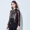 Chaqueta de cuero color burdeos de lujo ligero con cuello alto para mujer, corte entallado, estilo corto, versátil para ir al trabajo, top de chaqueta de cuero para motocicleta