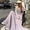 Saia Plissada Roxa Feminina Nova Primavera/Verão 2025 Cintura Alta Linha A Valoriza Cobre os Quadris Bainha Larga Saia Longa Plissada