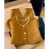 Cardigan de Tricô Colorido com Botões de Cor Contrastante, Gola Redonda, Manga Longa, Tops Femininos 2025 Nova Roupa Exterior, Top Macio e Sedoso