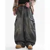 Jeans masculino moderno estilo americano, com múltiplos bolsos e pernas curvas, estilo retrô high-street, corte solto, versátil, casual, pernas largas, calça de trabalho