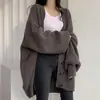 Otoño e Invierno 2025 Chaqueta de Punto Holgada de Manga Larga Abullonada con Cuello en V para Mujer, Tejido de Punto Estilo Coreano Chic Casual Relajado