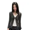 Top Sexy Ajustado de Manga Larga con Rayas Blancas y Negras Estilo Coreano para Mujer con Corte Retorcido y Cut-out