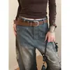 Cinto Largo de Couro Marrom com Fivela Retro Americano Feminino de Nicho Acessório Decorativo de Alta Qualidade para Jeans Cinto de Cintura