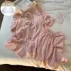 Pijama lindo de gato para mujer en verano, con copas en el pecho, cuello redondo, cárdigan casual, conjunto cómodo para casa para personas petite